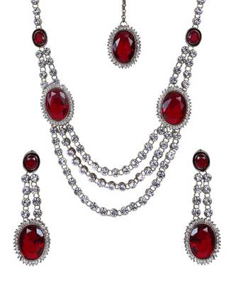 Red Silver Gold Stone Studded Two Layer Designer Necklace Set WMNS1023 1