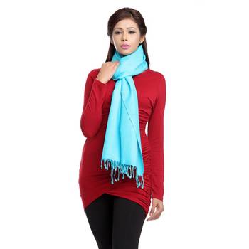Aqua Blue Pashmina-Style Stole With Small Fringe 1