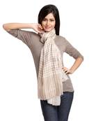 Off White And Buff Brown Plaid Viscose Stole With A Small Fringe
