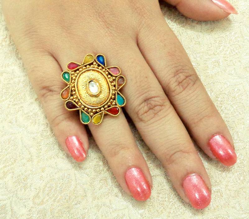 Copper Royal Navaratna Kundan Adjustable Finger Ring Wedding Bridal