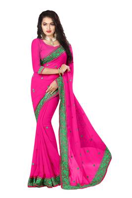 Dark pink embroidered georgette saree with blouse 1