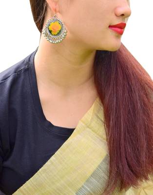 Flower Print Danglers In Oxidized Metal  Yellow Rose Pattern 2