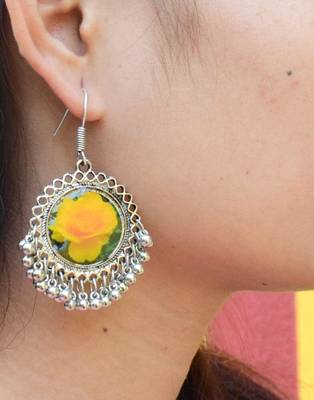 Flower Print Danglers In Oxidized Metal  Yellow Rose Pattern 3