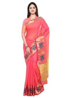 Pink embroidered banarasi saree with blouse