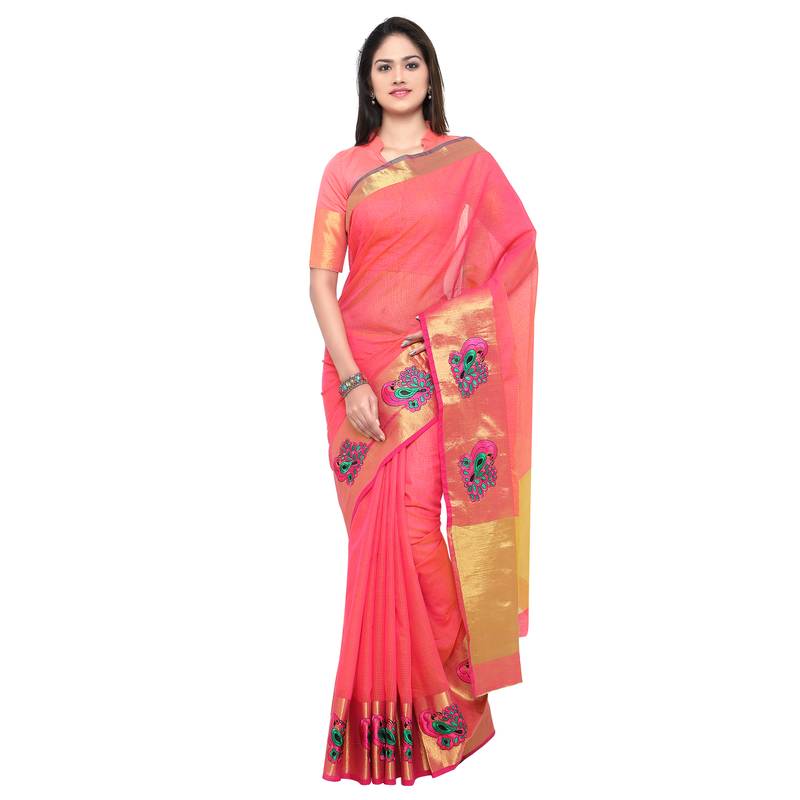 Pink embroidered banarasi saree with blouse