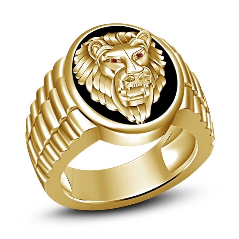 Fancy Lion Ring 925 Sterling Silver 14K Gold Plated Round Cut Red Gaenet