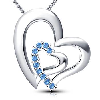 925 Sterling Silver Round Cut Aquamarine Stone Heart Shape Pendant With Chain 1