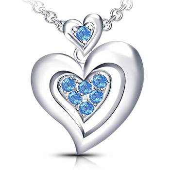 925 Sterling Silver Aquamarine CZ Ravishing Double Heart Pendant With 18" Chain 1