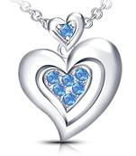 925 Sterling Silver Aquamarine CZ Ravishing Double Heart Pendant With 18" Chain