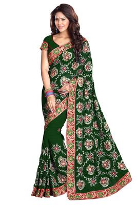 Green embroidered faux georgette saree with blouse 1
