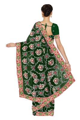 Green embroidered faux georgette saree with blouse 2