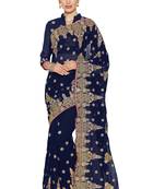Navy blue embroidered faux georgette saree with blouse
