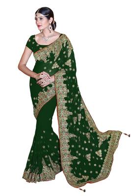 Green embroidered faux georgette saree with blouse 1