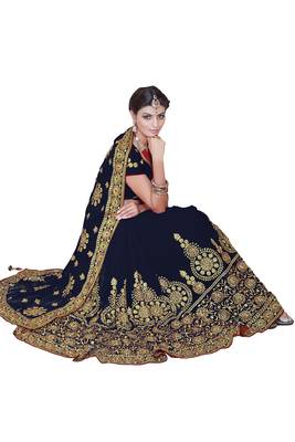 Navy blue embroidered faux georgette saree with blouse 1