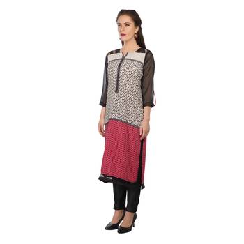White printed cotton stitched long-kurtis 2