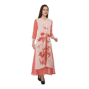 Orange printed georgette stitched long-kurtis 1