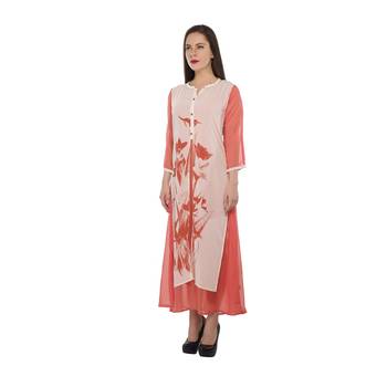 Orange printed georgette stitched long-kurtis 2