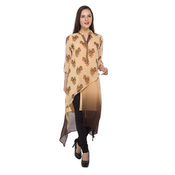 Beige printed georgette stitched long-kurtis 1