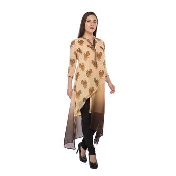 Beige printed georgette stitched long-kurtis 2