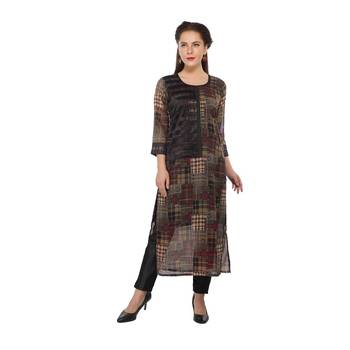 Brown printed cotton stitched long-kurtis 1