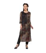 Brown printed cotton stitched long-kurtis