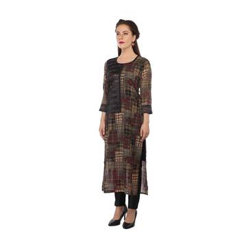 Brown printed cotton stitched long-kurtis 2