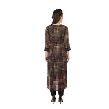 Brown printed cotton stitched long-kurtis 3