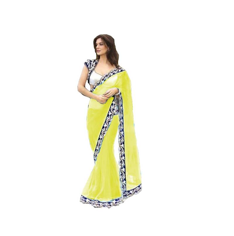 Light yellow plain net saree with blouse