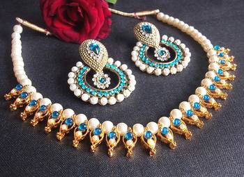 Sea Blue Pearl Polki Necklace Set 1