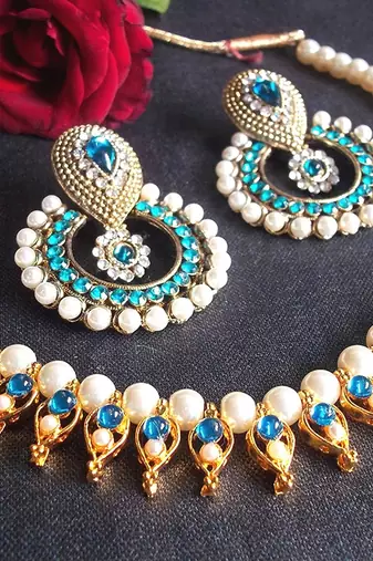 Sea Blue Pearl Polki Necklace Set