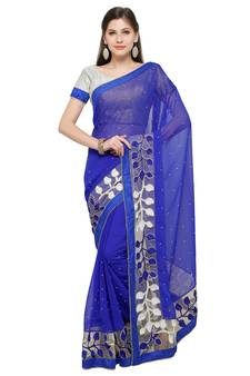 Blue embroidered pure georgette saree with blouse