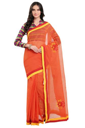 Orange Embroidered Super Net Saree With Blouse