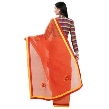 Orange Embroidered Super Net Saree With Blouse 2