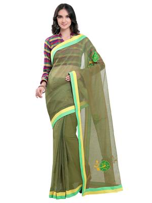 Green Embroidered Super Net Saree With Blouse 1