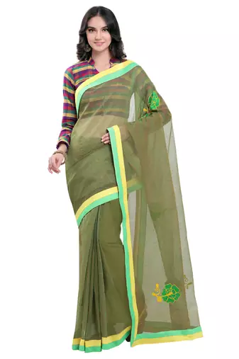 Green Embroidered Super Net Saree With Blouse