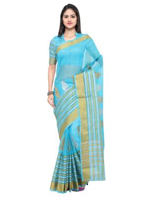 Blue embroidered silk cotton saree with blouse 1