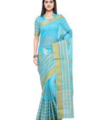 Blue embroidered silk cotton saree with blouse