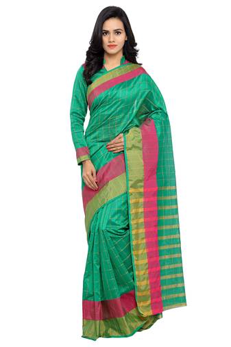 Green Printed Silk Cotton Saree With Blouse