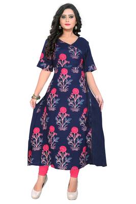 Navy blue printed rayon party wear kurtis 1