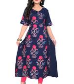 Navy blue printed rayon party wear kurtis