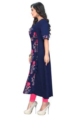 Navy blue printed rayon party wear kurtis 3