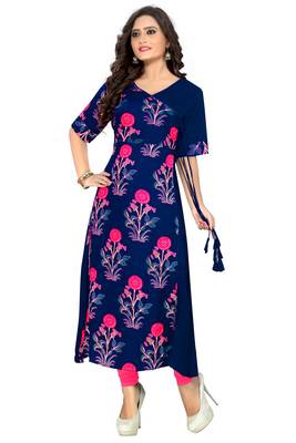 Navy blue printed rayon party wear kurtis 5