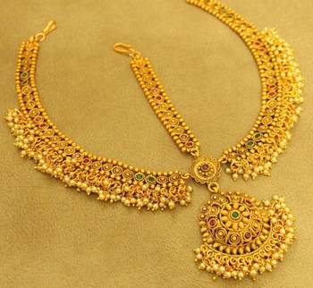 Gold Plated Multicolour Polki & Pearl Bridal Maang Tikka 1