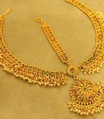 Gold Plated Multicolour Polki & Pearl Bridal Maang Tikka