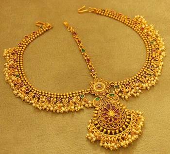 Multicolour Gold Plated Matt Finish Bridal Maang Tikka 1