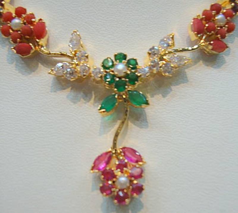 Lily Necklace Set With Earings (Navratna)