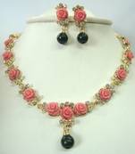 Flower Coral Necklace Set With Earrings ( Pink )