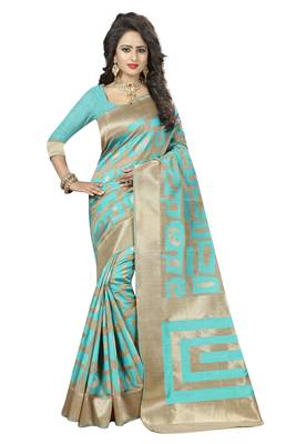 Aqua blue printed silk saree with blouse 1