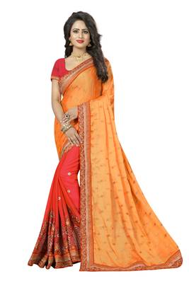 Crimson embroidered silk blend saree with blouse 1