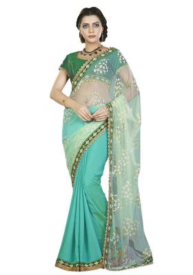 Dark green embroidered silk blend saree with blouse 1